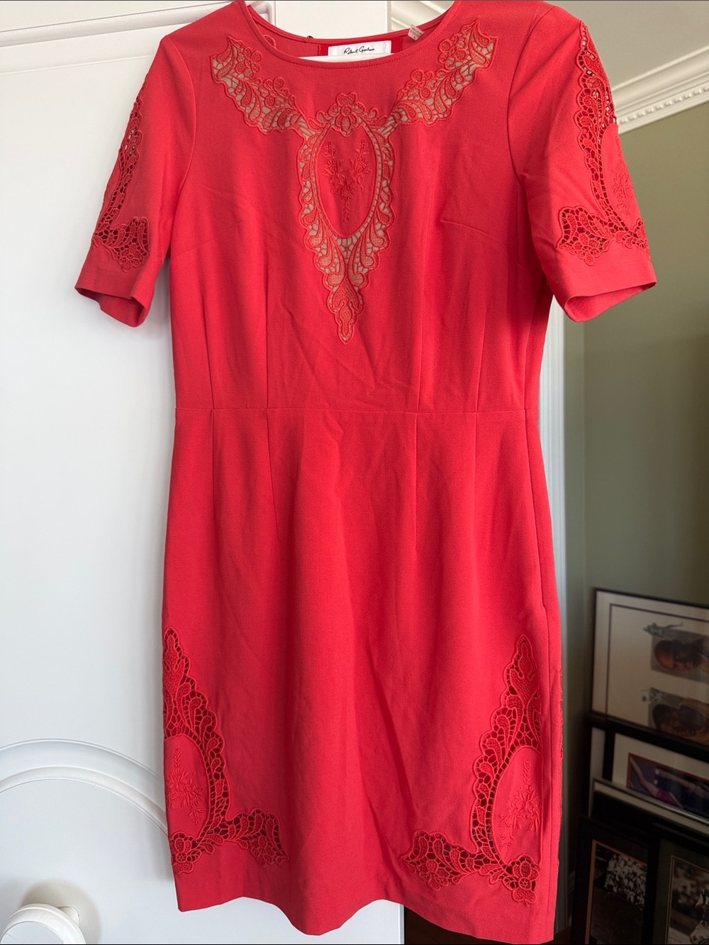 Robert Graham Coral-Red Lace Appliqué Midi Dress